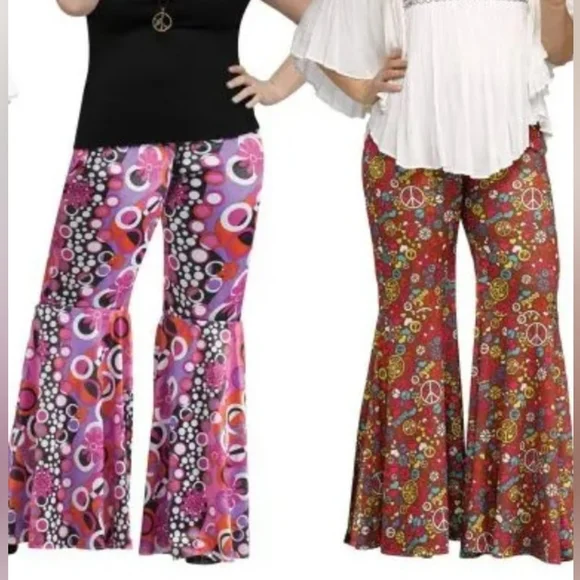 2 Pair Bell Bottom Hippie Pants Women's Floral And Peach Sign Flare Pants - Picture 1 of 11